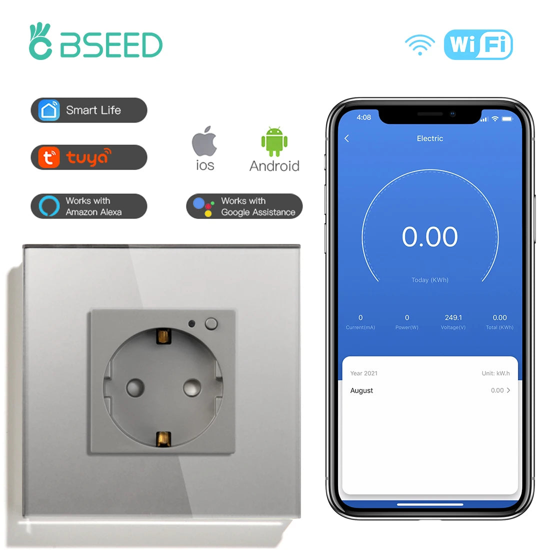 Wall Socket Wifi EU Standard Power Monitor with Google Alexa APP Control