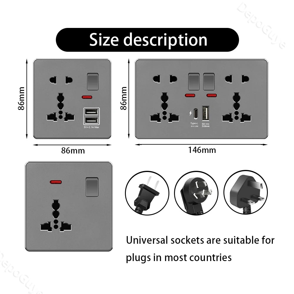 UK 13A with USB Type-c 18W Quick Charge Wall Power socket plug,Universal wall light switch Dual USB Electrical outlet AC110-250V