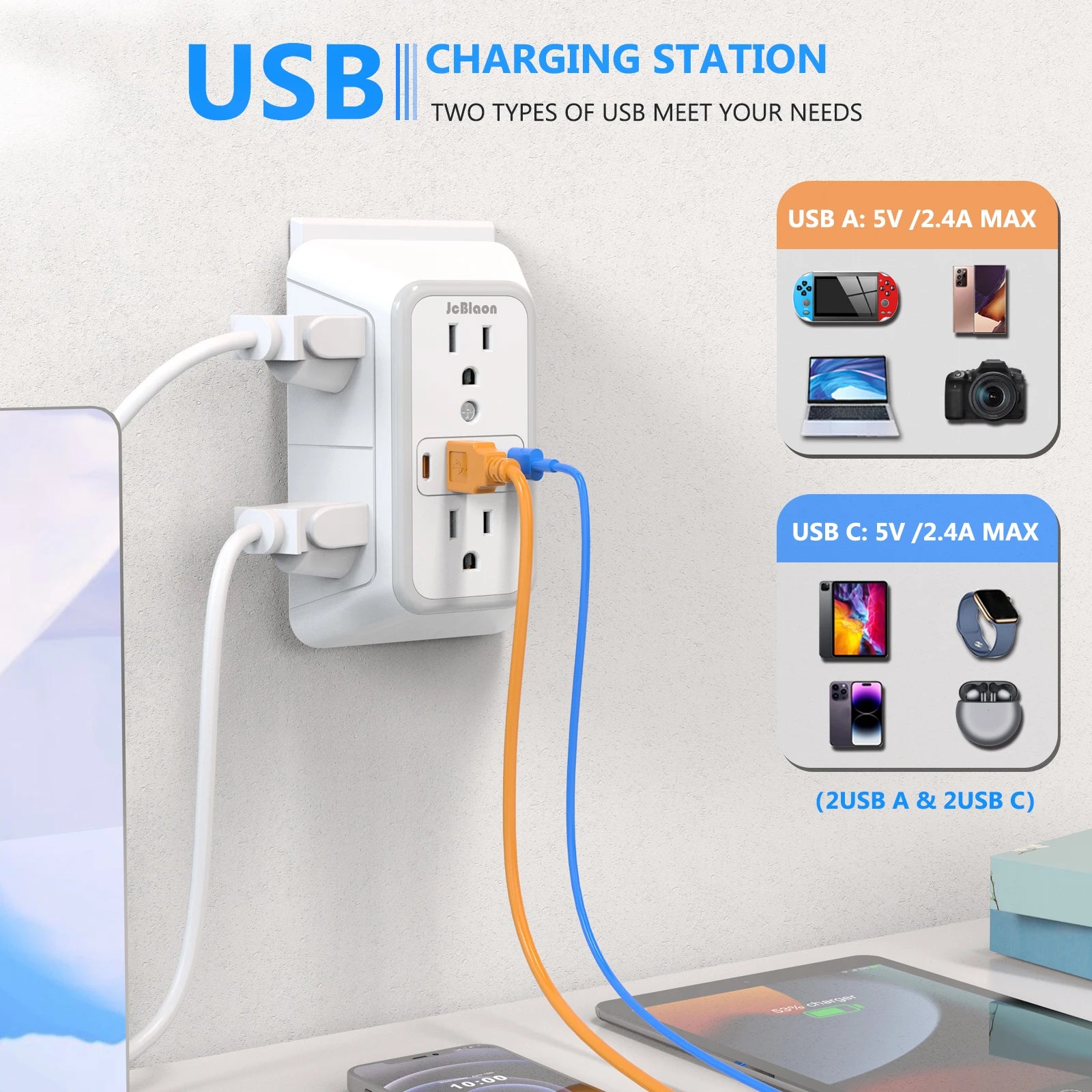 US Plug Power Strip with 6 AC Outlets 4 USB Port(2 Type C), Multi Socket Wall Socket Universal Network Filter Fast Charging