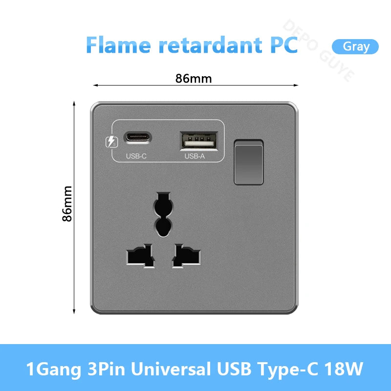UK 13A with USB Type-c 18W Quick Charge Wall Power socket plug,Universal wall light switch Dual USB Electrical outlet AC110-250V
