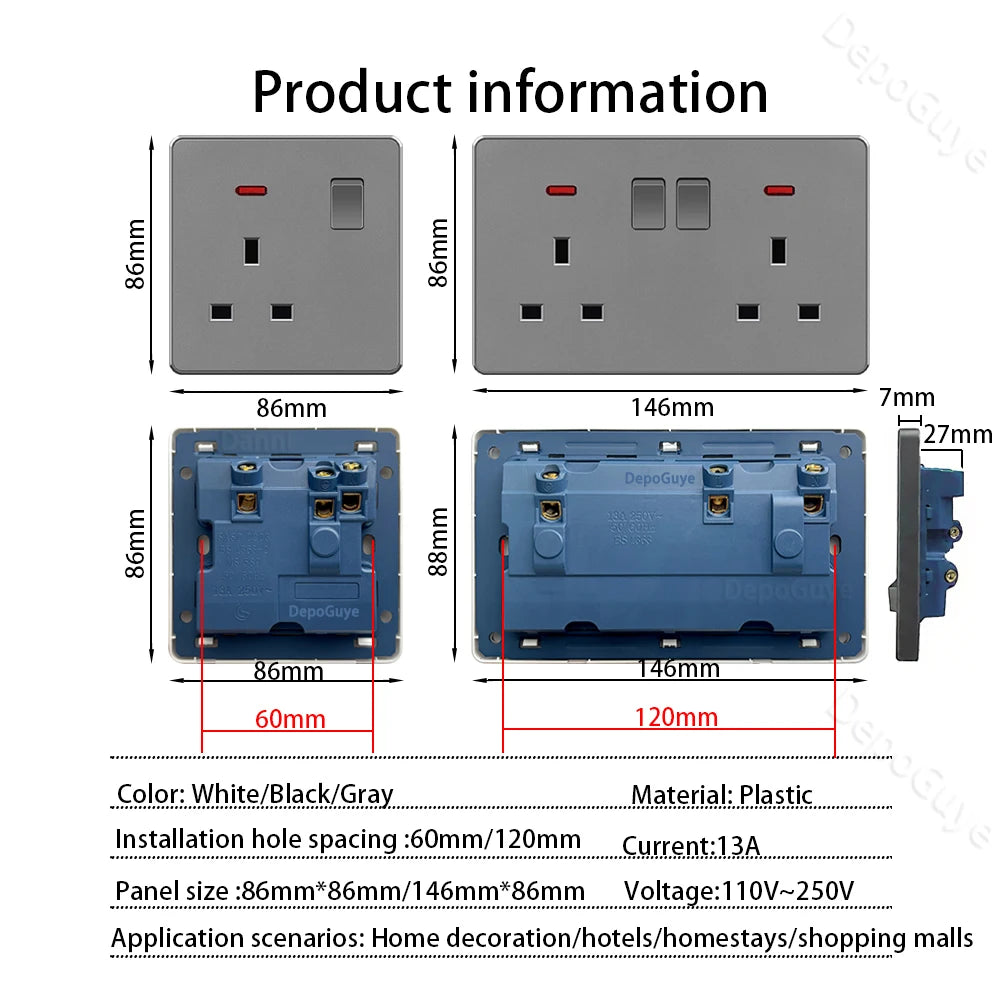 UK 13A with USB Type-c 18W Quick Charge Wall Power socket plug,Universal wall light switch Dual USB Electrical outlet AC110-250V