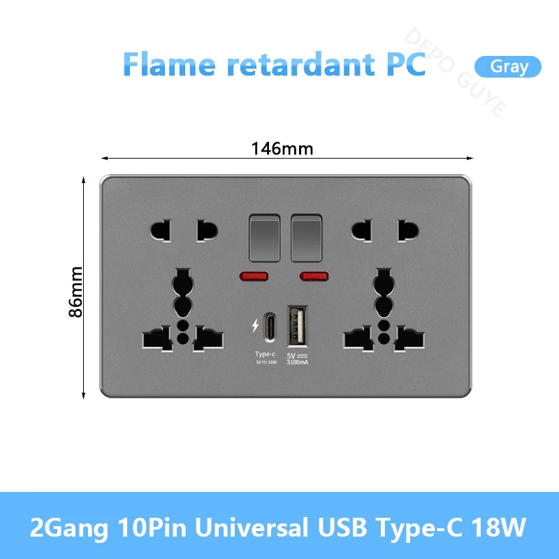 UK 13A with USB Type-c 18W Quick Charge Wall Power socket plug,Universal wall light switch Dual USB Electrical outlet AC110-250V