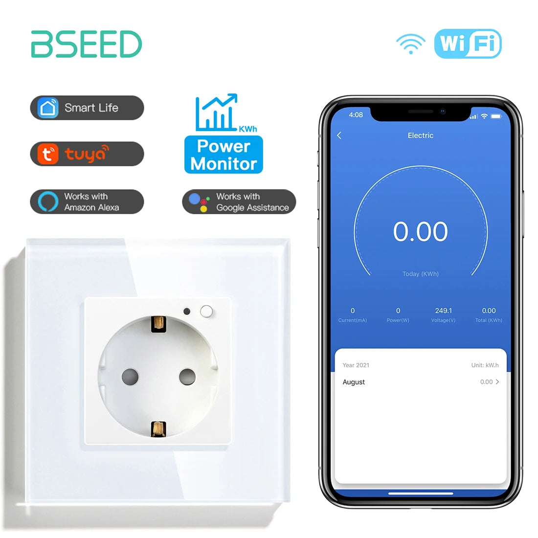 Wall Socket Wifi EU Standard Power Monitor with Google Alexa APP Control
