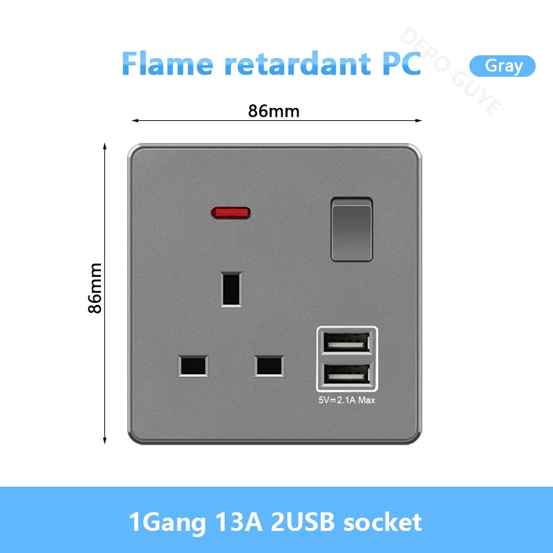 UK 13A with USB Type-c 18W Quick Charge Wall Power socket plug,Universal wall light switch Dual USB Electrical outlet AC110-250V