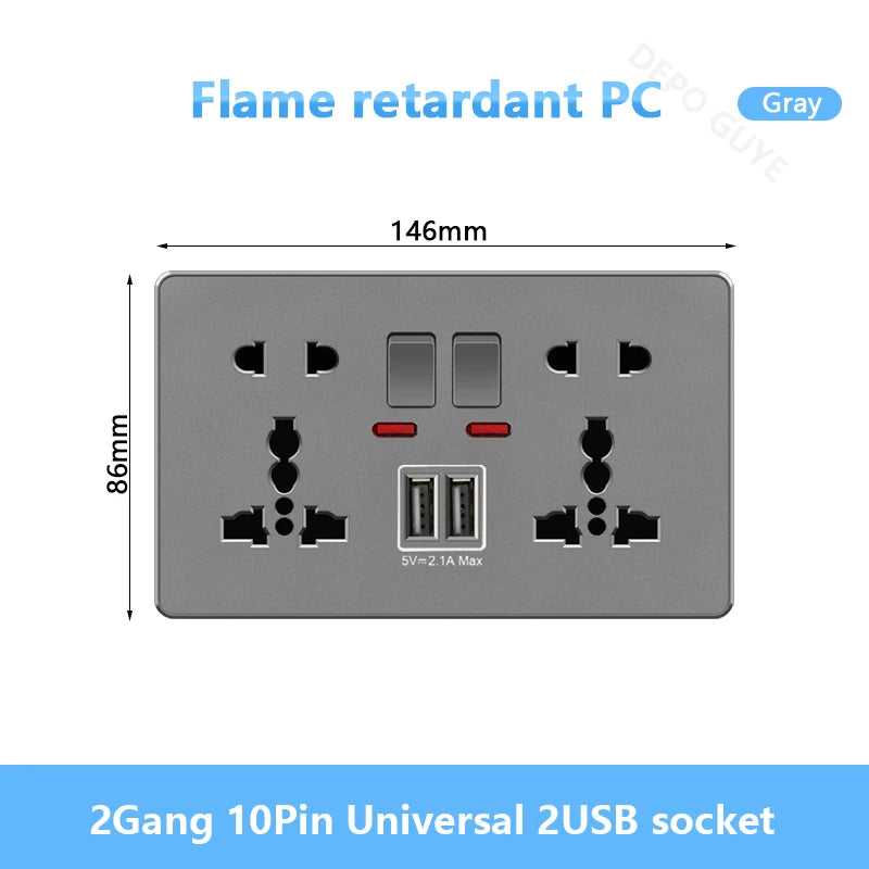 UK 13A with USB Type-c 18W Quick Charge Wall Power socket plug,Universal wall light switch Dual USB Electrical outlet AC110-250V