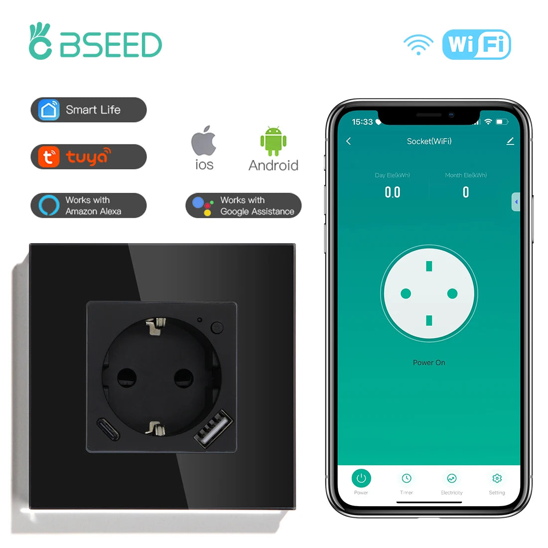 Wall Socket Wifi EU Standard Power Monitor with Google Alexa APP Control