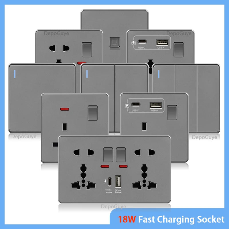 UK 13A with USB Type-c 18W Quick Charge Wall Power socket plug,Universal wall light switch Dual USB Electrical outlet AC110-250V