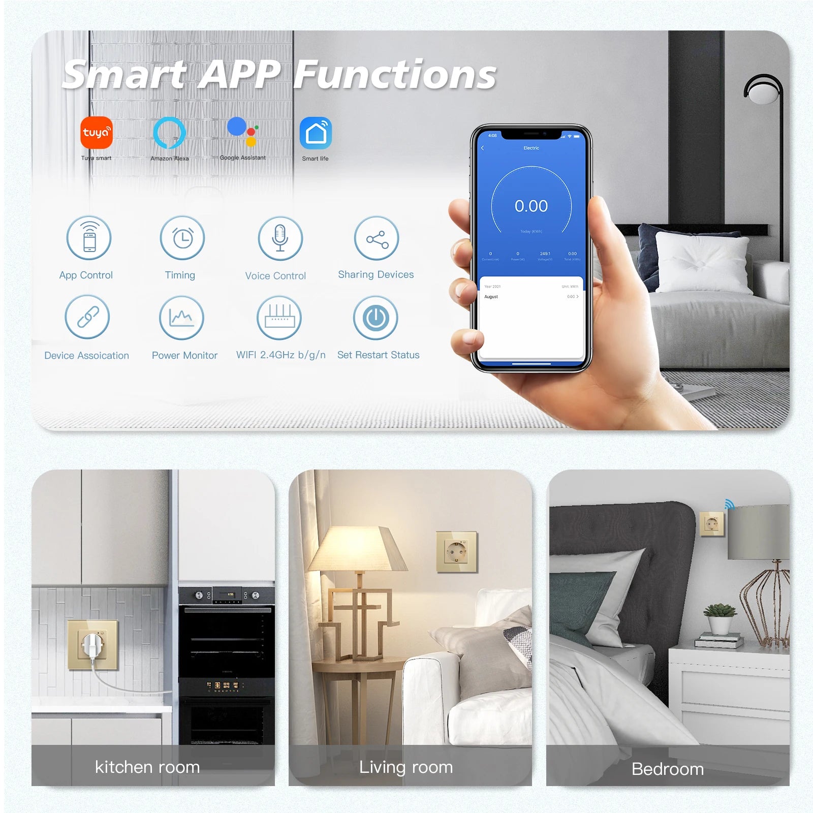 Wall Socket Wifi EU Standard Power Monitor with Google Alexa APP Control
