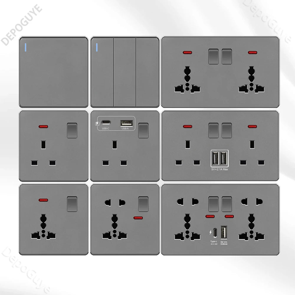 UK 13A with USB Type-c 18W Quick Charge Wall Power socket plug,Universal wall light switch Dual USB Electrical outlet AC110-250V
