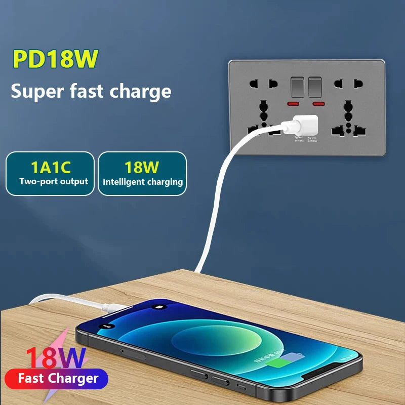 UK 13A with USB Type-c 18W Quick Charge Wall Power socket plug,Universal wall light switch Dual USB Electrical outlet AC110-250V