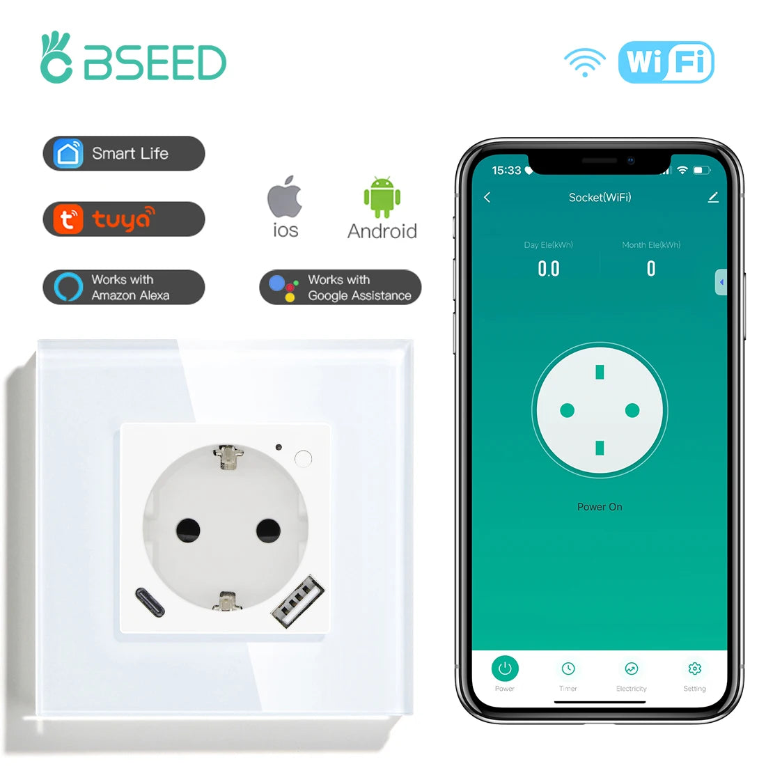Wall Socket Wifi EU Standard Power Monitor with Google Alexa APP Control
