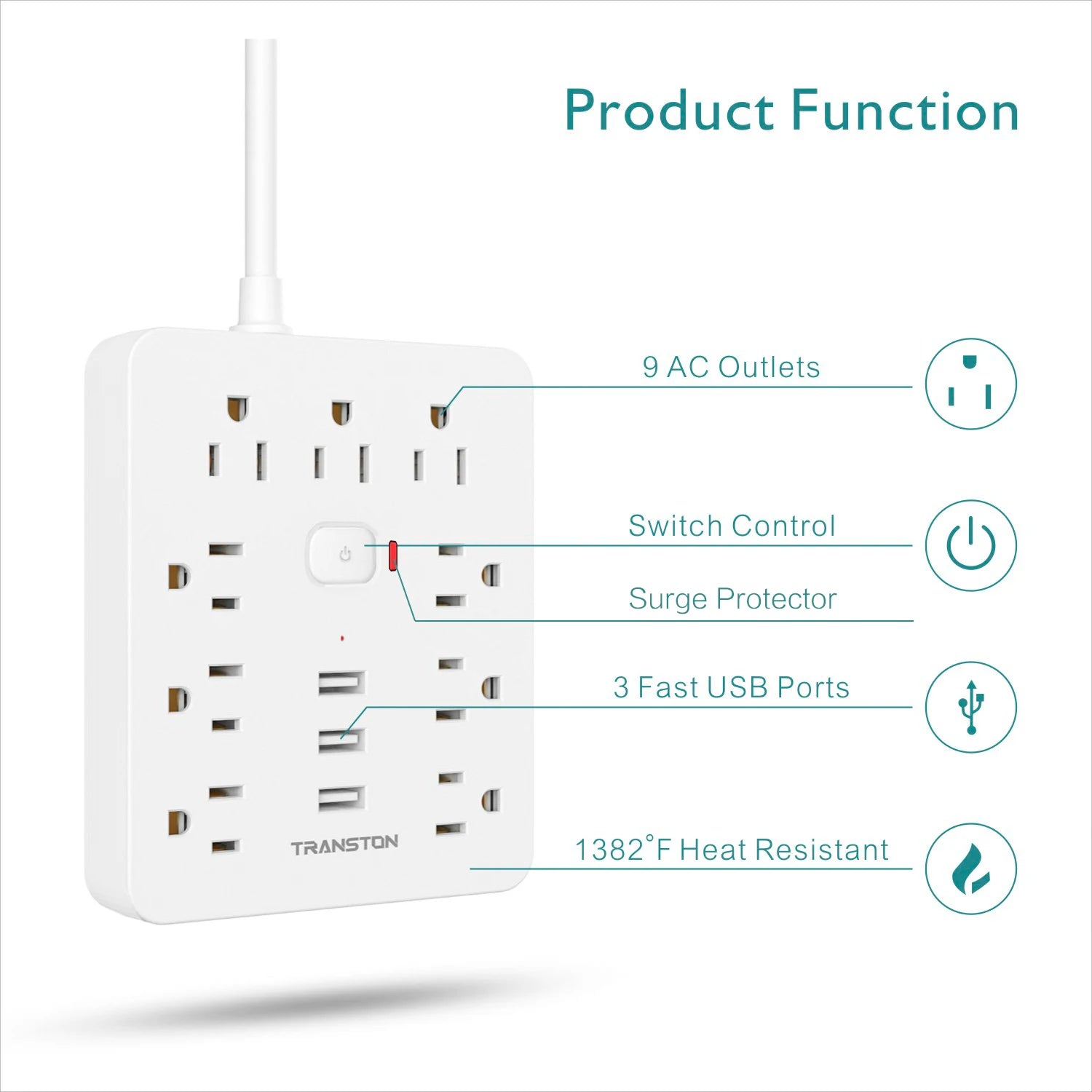 Power Outlet with Surge Protector, 9 sockets 3 USB Ports,5ft Extension Cord, Quick Charge, For Home and Office,White