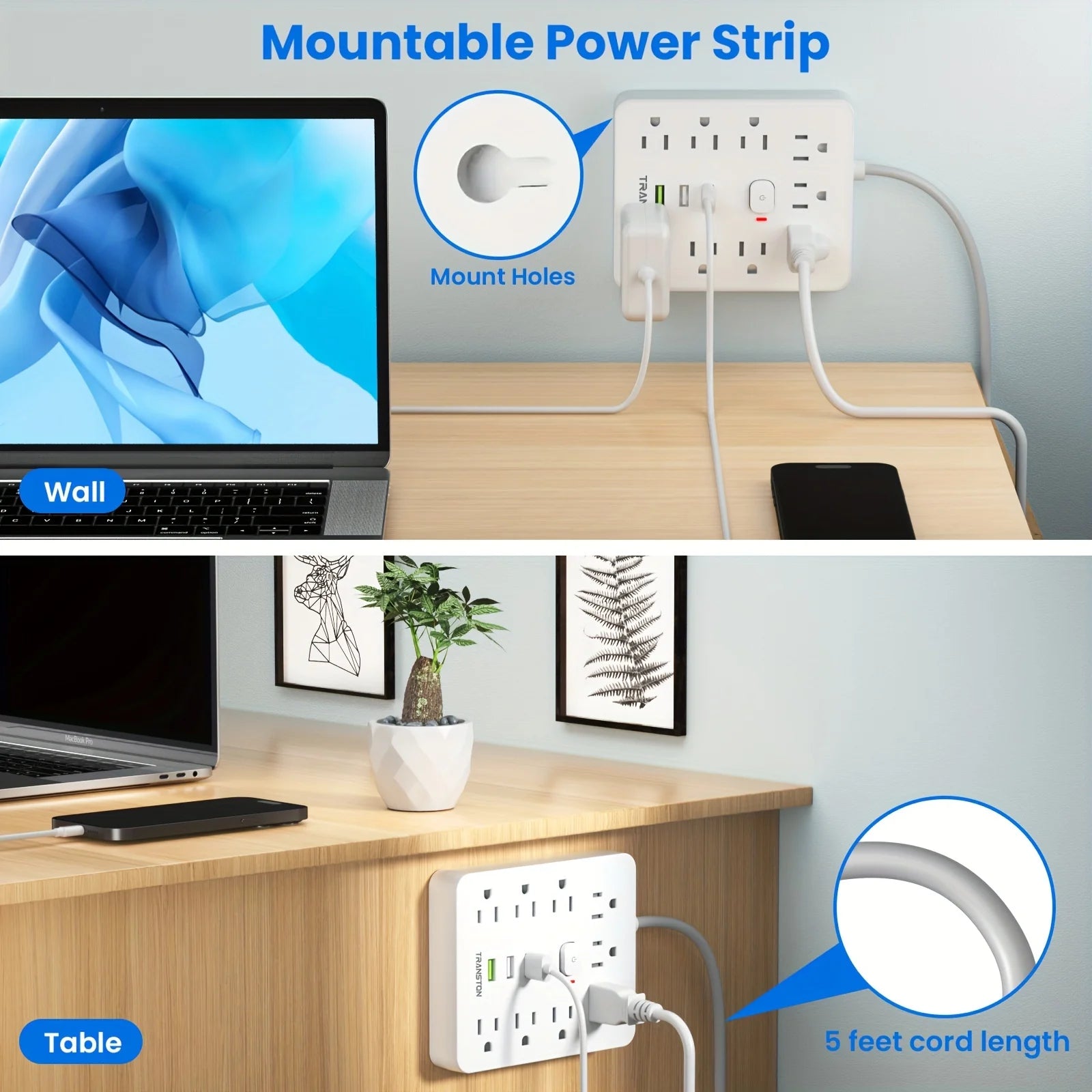 Power Outlet with Surge Protector, 9 sockets 3 USB Ports,5ft Extension Cord, Quick Charge, For Home and Office,White