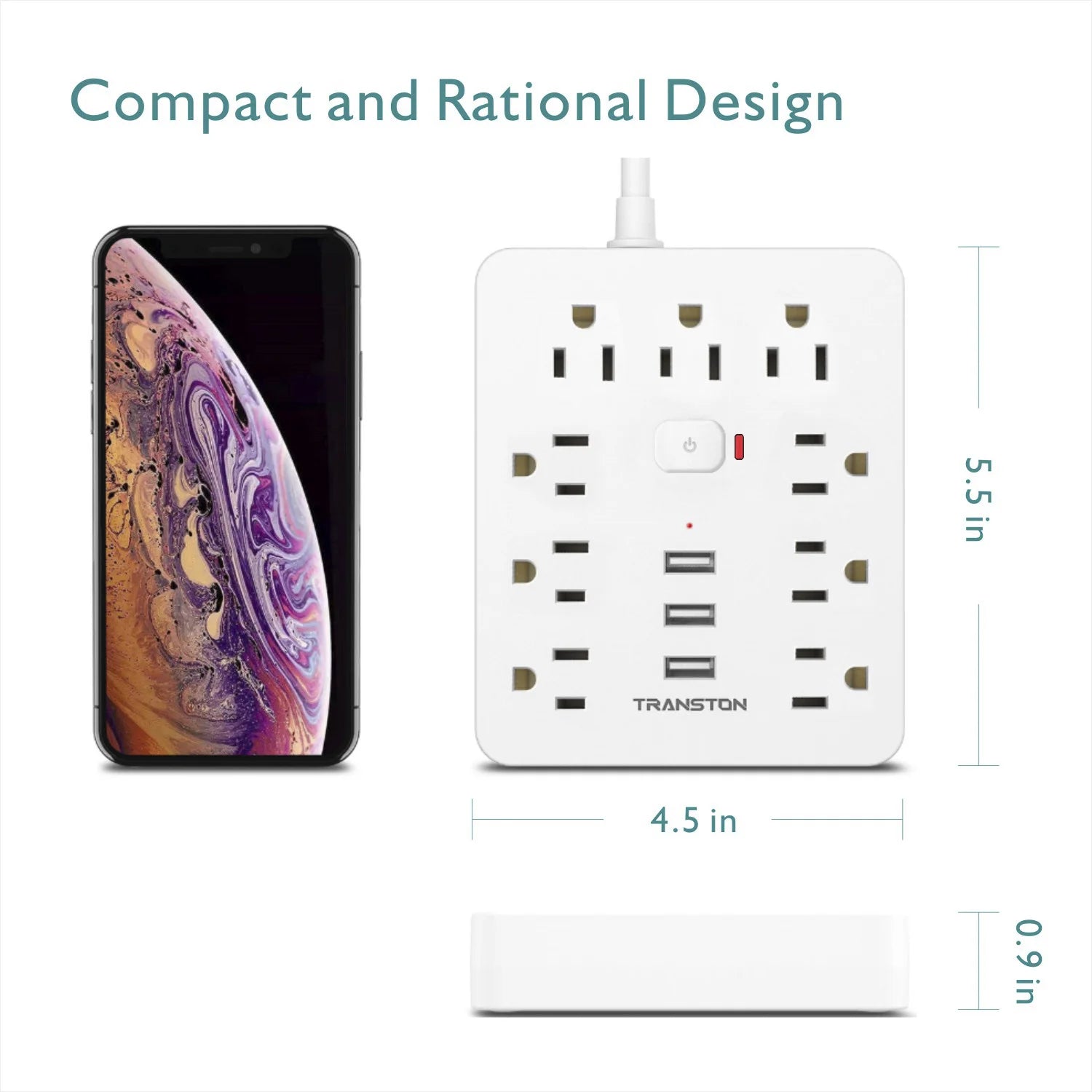 Power Outlet with Surge Protector, 9 sockets 3 USB Ports,5ft Extension Cord, Quick Charge, For Home and Office,White