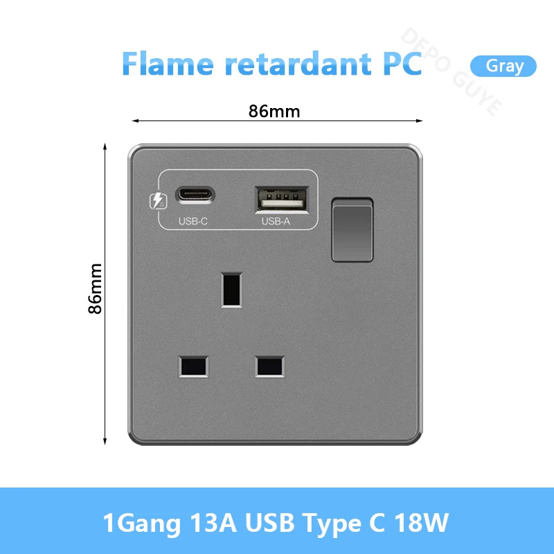 UK 13A with USB Type-c 18W Quick Charge Wall Power socket plug,Universal wall light switch Dual USB Electrical outlet AC110-250V