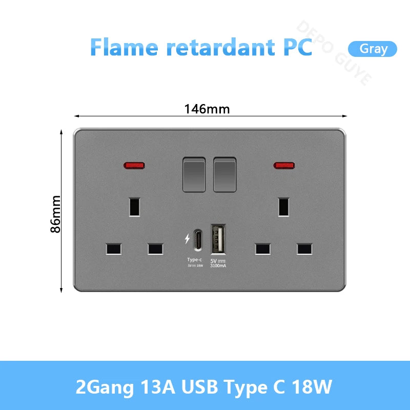 UK 13A with USB Type-c 18W Quick Charge Wall Power socket plug,Universal wall light switch Dual USB Electrical outlet AC110-250V